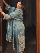 Ice Blue Organza Sequins Work Straight Suit Set - BONYHUBSALWAR KAMEEZ