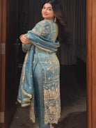 Ice Blue Organza Sequins Work Straight Suit Set - BONYHUBSALWAR KAMEEZ