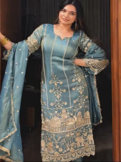 Ice Blue Organza Sequins Work Straight Suit Set - BONYHUBSALWAR KAMEEZ