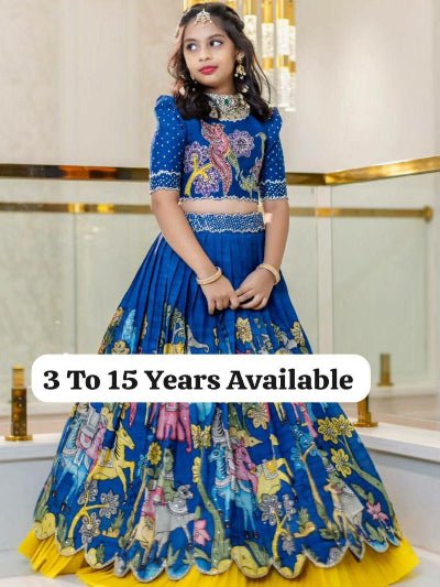 Blue Chinon Silk Printed Kids Lehenga Blouse Set - BONYHUBLehangas
