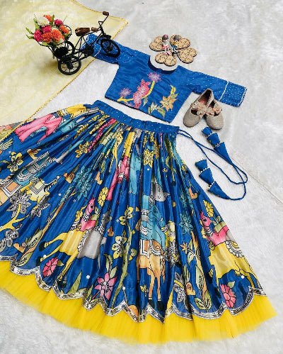 Blue Chinon Silk Printed Kids Lehenga Blouse Set - BONYHUBLehangas