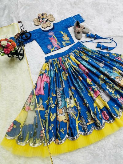Blue Chinon Silk Printed Kids Lehenga Blouse Set - BONYHUBLehangas