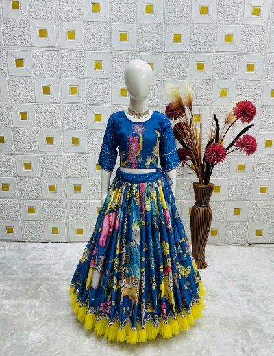 Blue Chinon Silk Printed Kids Lehenga Blouse Set - BONYHUBLehangas