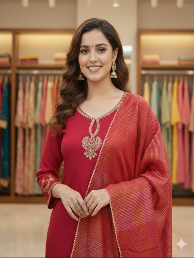 Red Chanderi Embroidered Straight Suit Jacquard Dupatta