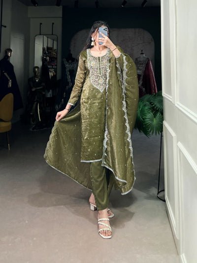 Olive Green Gold Crush Embroidered Straight Suit Set - BONYHUBSALWAR KAMEEZ