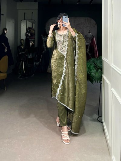 Olive Green Gold Crush Embroidered Straight Suit Set - BONYHUBSALWAR KAMEEZ