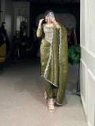 Olive Green Gold Crush Embroidered Straight Suit Set - BONYHUBSALWAR KAMEEZ