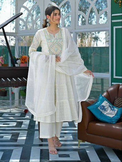 White Graceful Ethnic Anarkali Suit Set - BONYHUBSALWAR KAMEEZ