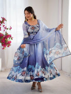 Blue Ombre Floral Soft Organza Anarkali Suit Set - BONYHUBSALWAR KAMEEZ