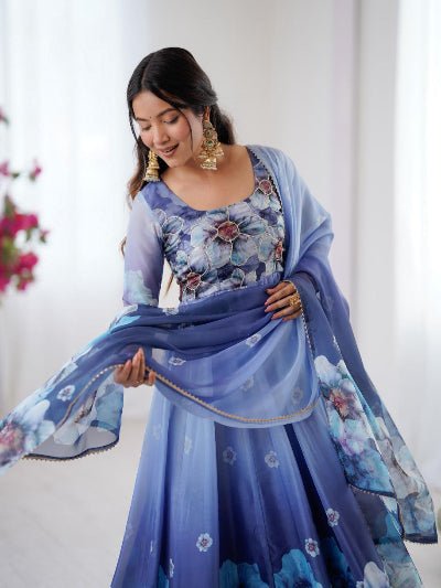 Blue Ombre Floral Soft Organza Anarkali Suit Set - BONYHUBSALWAR KAMEEZ