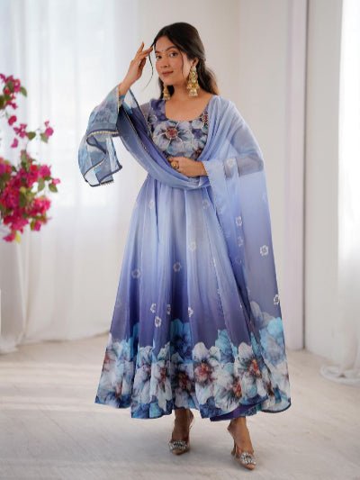 Blue Ombre Floral Soft Organza Anarkali Suit Set - BONYHUBSALWAR KAMEEZ
