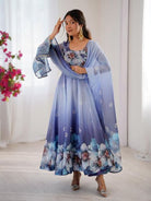 Blue Ombre Floral Soft Organza Anarkali Suit Set - BONYHUBSALWAR KAMEEZ