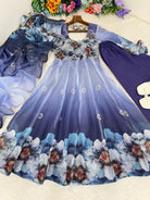 Blue Ombre Floral Soft Organza Anarkali Suit Set - BONYHUBSALWAR KAMEEZ