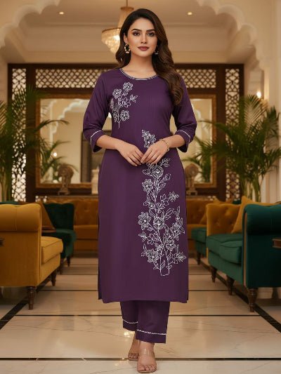 Purple Roman Silk Elegant Kurti Pant Set Of 2 - BONYHUBSALWAR KAMEEZ