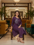 Purple Roman Silk Elegant Kurti Pant Set Of 2 - BONYHUBSALWAR KAMEEZ