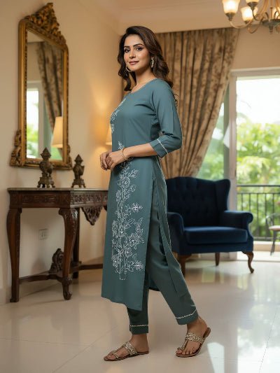 Teal Roman Silk Elegant Kurti Pant Set Of 2 - BONYHUBSALWAR KAMEEZ