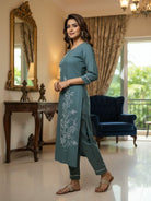 Teal Roman Silk Elegant Kurti Pant Set Of 2 - BONYHUBSALWAR KAMEEZ