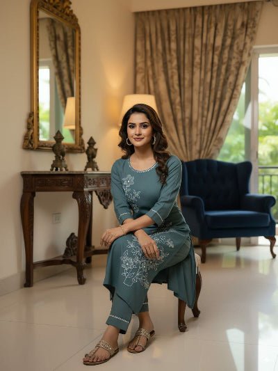 Teal Roman Silk Elegant Kurti Pant Set Of 2 - BONYHUBSALWAR KAMEEZ