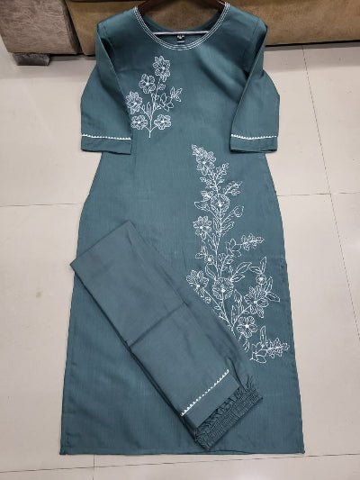 Teal Roman Silk Elegant Kurti Pant Set Of 2 - BONYHUBSALWAR KAMEEZ