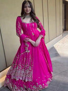 Hot Pink Georgette Embroidery Long Kurti, Skirt & Dupatta - BONYHUBSALWAR KAMEEZ