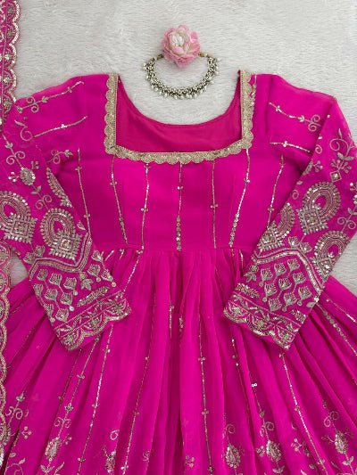 Hot Pink Georgette Embroidery Long Kurti, Skirt & Dupatta - BONYHUBSALWAR KAMEEZ