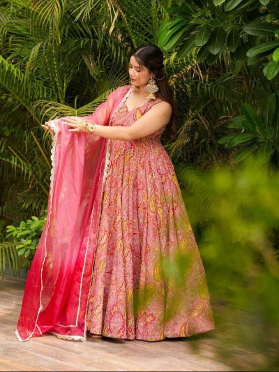 Blush Pink Organza Digital Print Gown Dupatta Set Of 2 - BONYHUBSALWAR KAMEEZ