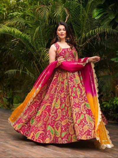 Pink Organza Multicolor Printed Gown Dupatta Set Of 2 - BONYHUBSALWAR KAMEEZ