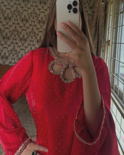 Hot Red Silk Embroidery Work Palazzo Suit Set - BONYHUBSALWAR KAMEEZ