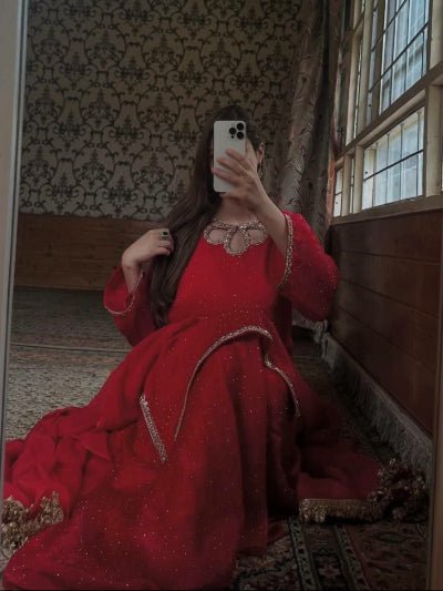 Hot Red Silk Embroidery Work Palazzo Suit Set - BONYHUBSALWAR KAMEEZ