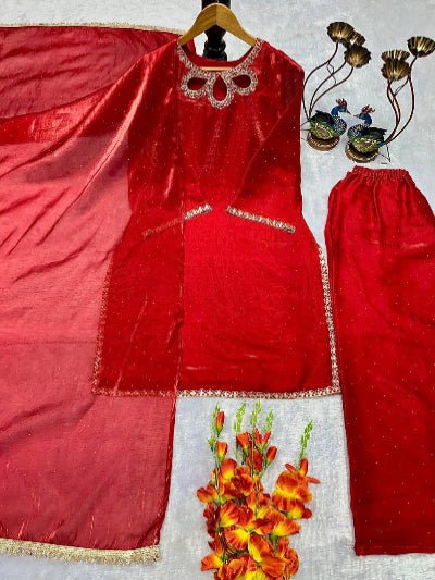 Hot Red Silk Embroidery Work Palazzo Suit Set - BONYHUBSALWAR KAMEEZ