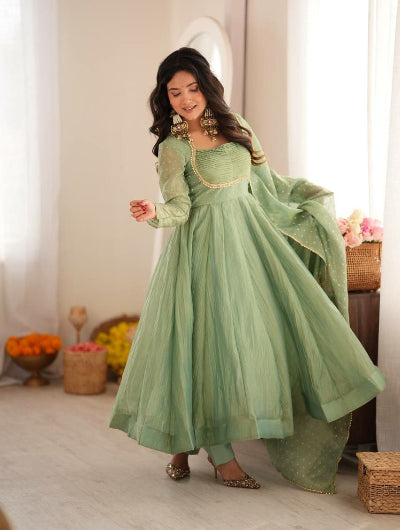 Sage Green Embroidered Work Anarkali Suit Set