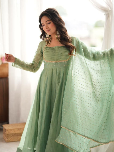 Sage Green Embroidered Work Anarkali Suit Set