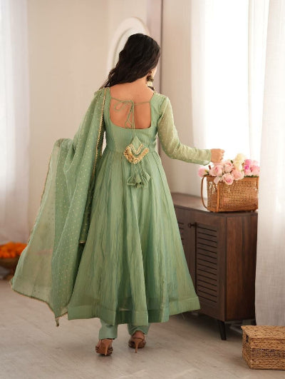 Sage Green Embroidered Work Anarkali Suit Set