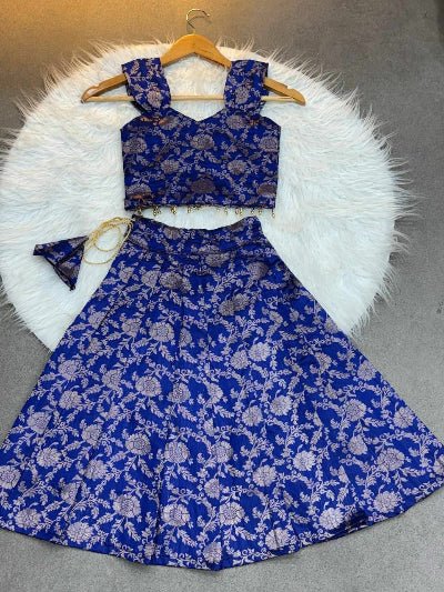 Royal Blue Kids Banarasi Silk Lehenga Blouse Set - BONYHUBLehangas
