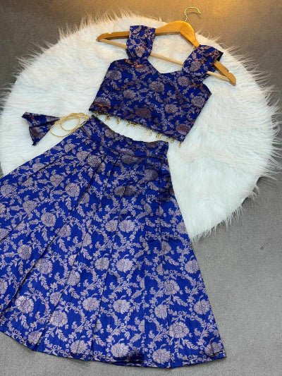 Royal Blue Kids Banarasi Silk Lehenga Blouse Set - BONYHUBLehangas