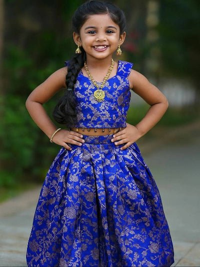 Royal Blue Kids Banarasi Silk Lehenga Blouse Set - BONYHUBLehangas