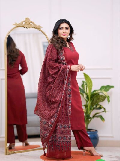 Maroon Parampara Silk Straight Suit With Chanderi Dupatta - BONYHUBSALWAR KAMEEZ