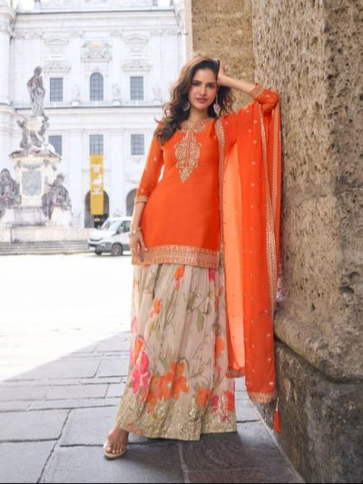 Orange Chinon Silk Embroidery Floral Sharara Dupatta Set - BONYHUBSALWAR KAMEEZ