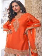 Orange Chinon Silk Embroidery Floral Sharara Dupatta Set - BONYHUBSALWAR KAMEEZ