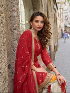 Red Chinon Silk Embroidery Floral Sharara Dupatta Set - BONYHUBSALWAR KAMEEZ