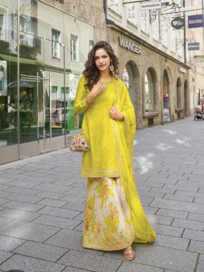Yellow Chinon Silk Embroidery Floral Sharara Dupatta Set - BONYHUBSALWAR KAMEEZ