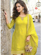 Yellow Chinon Silk Embroidery Floral Sharara Dupatta Set - BONYHUBSALWAR KAMEEZ