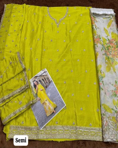 Yellow Chinon Silk Embroidery Floral Sharara Dupatta Set - BONYHUBSALWAR KAMEEZ