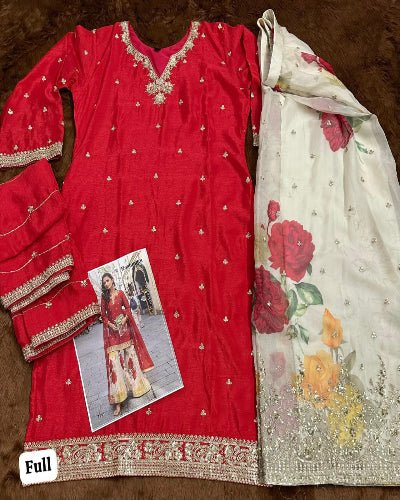 Red Chinon Silk Embroidery Floral Sharara Dupatta Set - BONYHUBSALWAR KAMEEZ