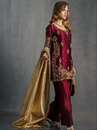 Maroon Satin Embroidery Farshi Suit With Gold Dupatta - BONYHUBSALWAR KAMEEZ