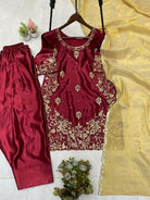 Maroon Satin Embroidery Farshi Suit With Gold Dupatta - BONYHUBSALWAR KAMEEZ