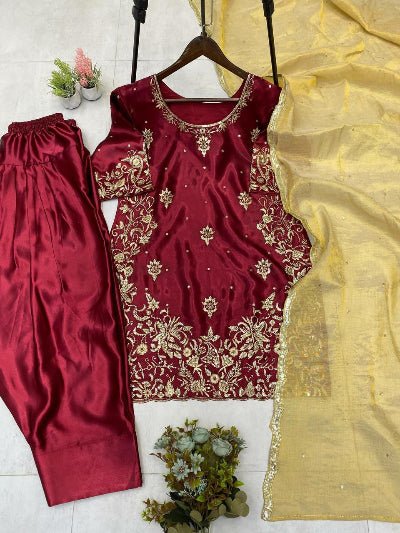 Maroon Satin Embroidery Farshi Suit With Gold Dupatta - BONYHUBSALWAR KAMEEZ