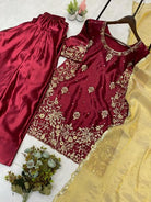 Maroon Satin Embroidery Farshi Suit With Gold Dupatta - BONYHUBSALWAR KAMEEZ