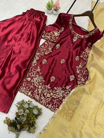 Maroon Satin Embroidery Farshi Suit With Gold Dupatta - BONYHUBSALWAR KAMEEZ