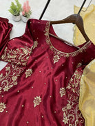 Maroon Satin Embroidery Farshi Suit With Gold Dupatta - BONYHUBSALWAR KAMEEZ